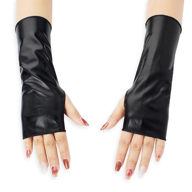 Short Fingerless Punk Black Shiny PU Gloves Cosplay Party Nightclub Dance Show Gloves Costume Accessories