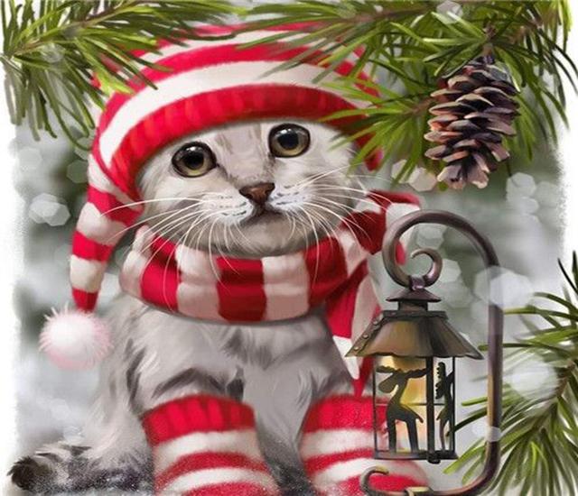 Ruopoty DIY Frame Picture By Numbers Cat Animal HandPainted Wall Art Unique Gift Painting By Number Winter Christmas Gift