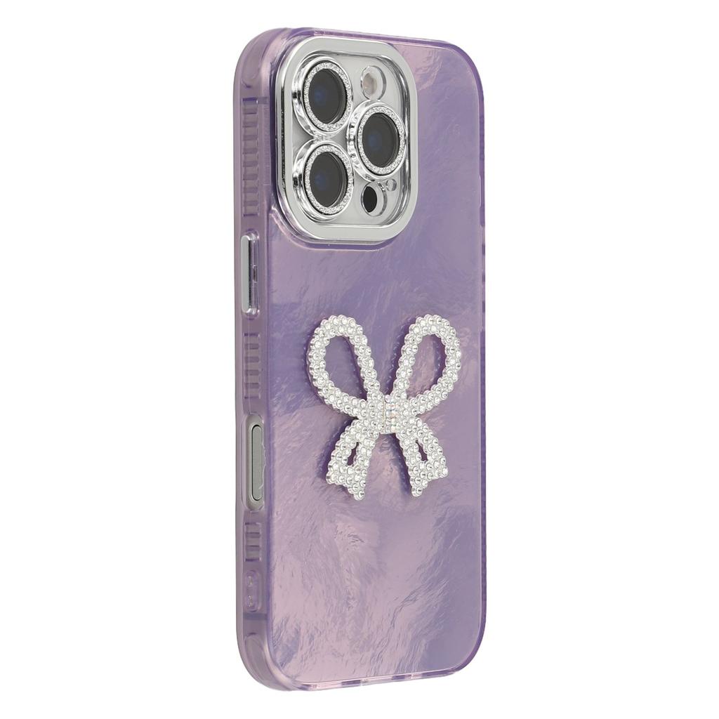 For iPhone 16 Pro Case Big Bow Decor IMD PC+TPU Phone Cover with Glass Lens Film