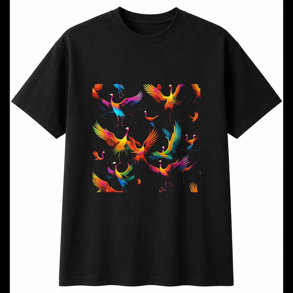 Colourful Crane Windswept Retro Mens T-Shirt Black 100% Cotton Vintage Printed
