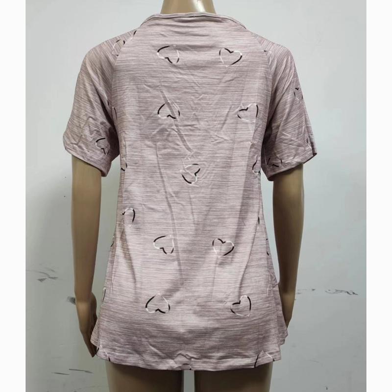 Spring Summer New Zipper Short Sleeve Shirt Women Tops Casual Love Print Pullover T-shirt Woman Fashion Elegant Loose Lady Blouse 24145