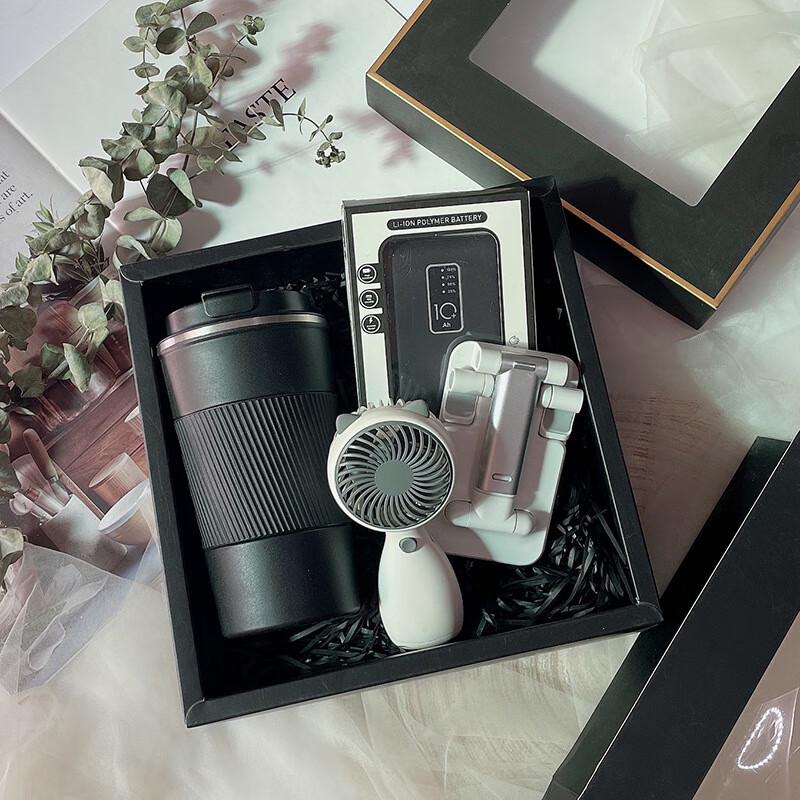 A1 Portable Refreshment Tech Gift Set Black Coffee Cup + Fan + Power Bank + Stand