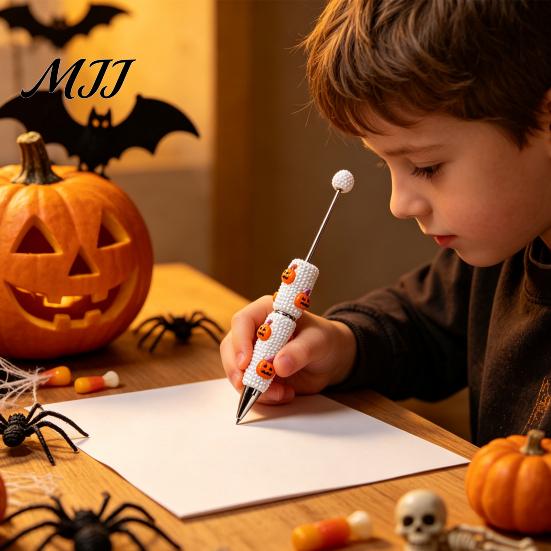 Unique DIY Crafting Supplies Halloween Rhinestone Beadable Pen, Sparkly Cat Pumpkin Ghost Plastic Beaded Cartoon Writing Pens Glitter Black
