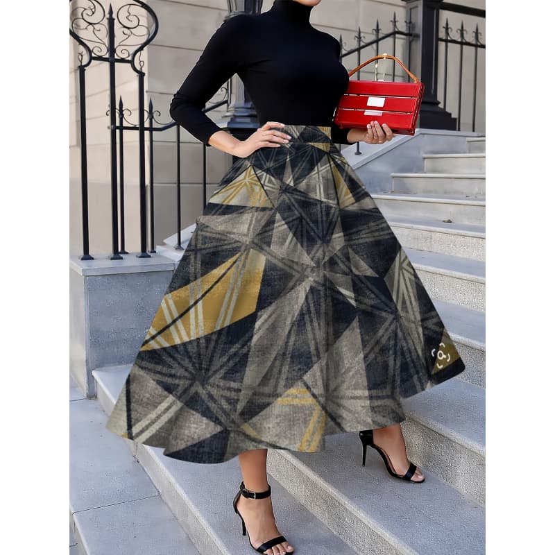 Elegancka i modna spódnica midi damska, casualowa sukienka midi z nadrukiem, modny wzorzysty nadruk, do biura/na relaks/na randkę/na imprezy/na kanapki