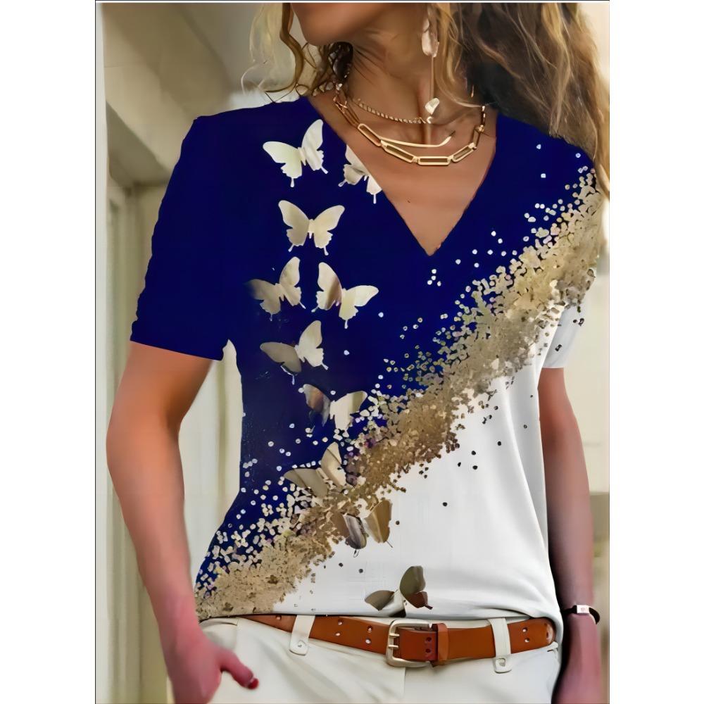 Women's 3D T-shirt Summer V-neck Short Sleeve Butterfly Print Cute Girl's Top Fashion T-shirt Women's Clothing
