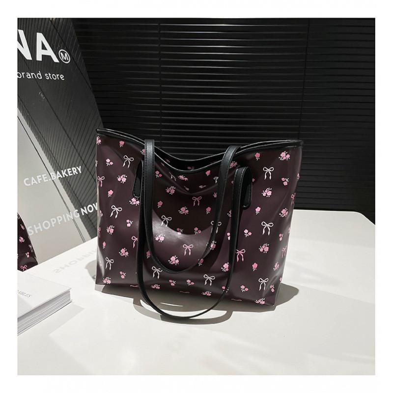 Large Capacity Pu Bag For Women With Bow Cherry Print Design