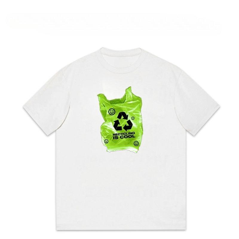 Green Channel Smiling Plastic Bag American Retro Vintage Short-sleeved T-shirt for Women 2025 Loose Half-sleeved for Men Popular