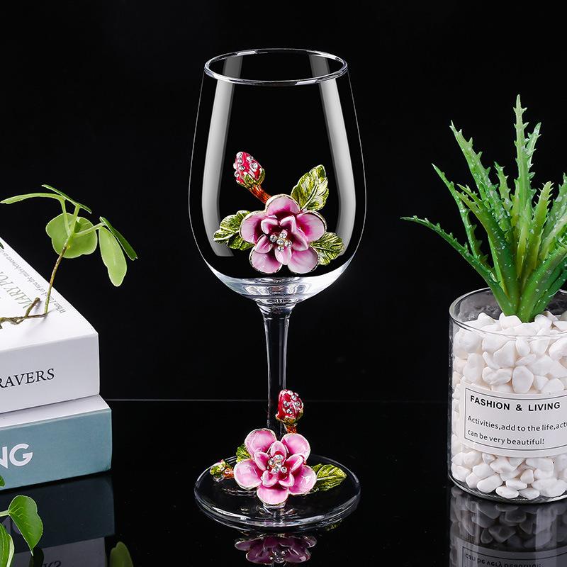 European Enamel-Painted Cherry Blossom Red Wine Glass, Glassware, Red Wine Decanter, for Bars and Home Use Decorative Item, Gift 301-400ml