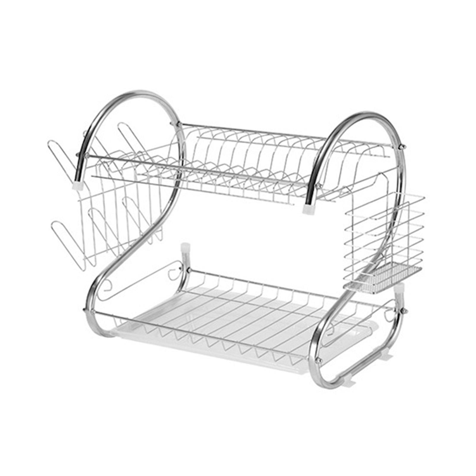 

S Shape Double Layer Bowl Rack Stainless Steel Metal Kitchen Organizer With Drainage Tray For Dish Drying And Storage