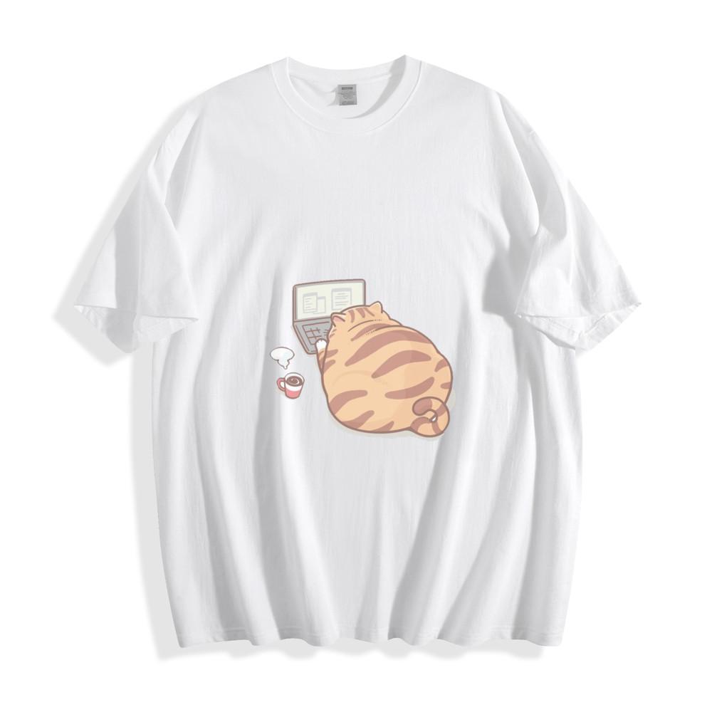 Work-from-Home Cat T-Shirt - Chubby Kitty Laptop Design Unisex Tee