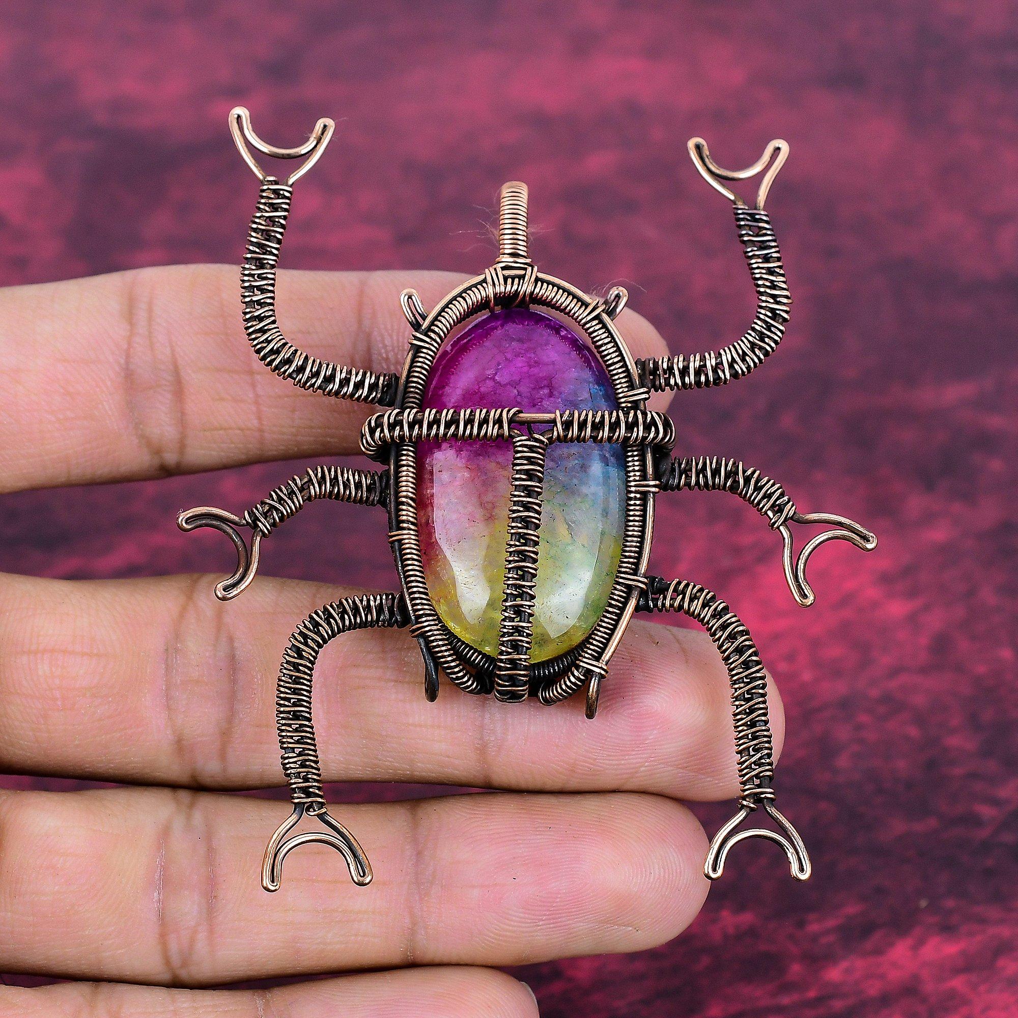 Rainbow Solar Quartz Druzy Pendant Beetle Pendant Copper Wire Wrapped Jewelry
