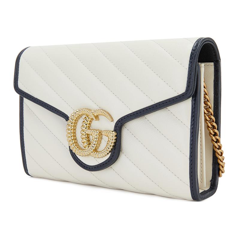 Gucci GG Marmont Gold Logo Color-Blocked Edging Quilted Leather Chain Wallet Crossbody Bag Women Bags White 573807-0OLFX-9085
