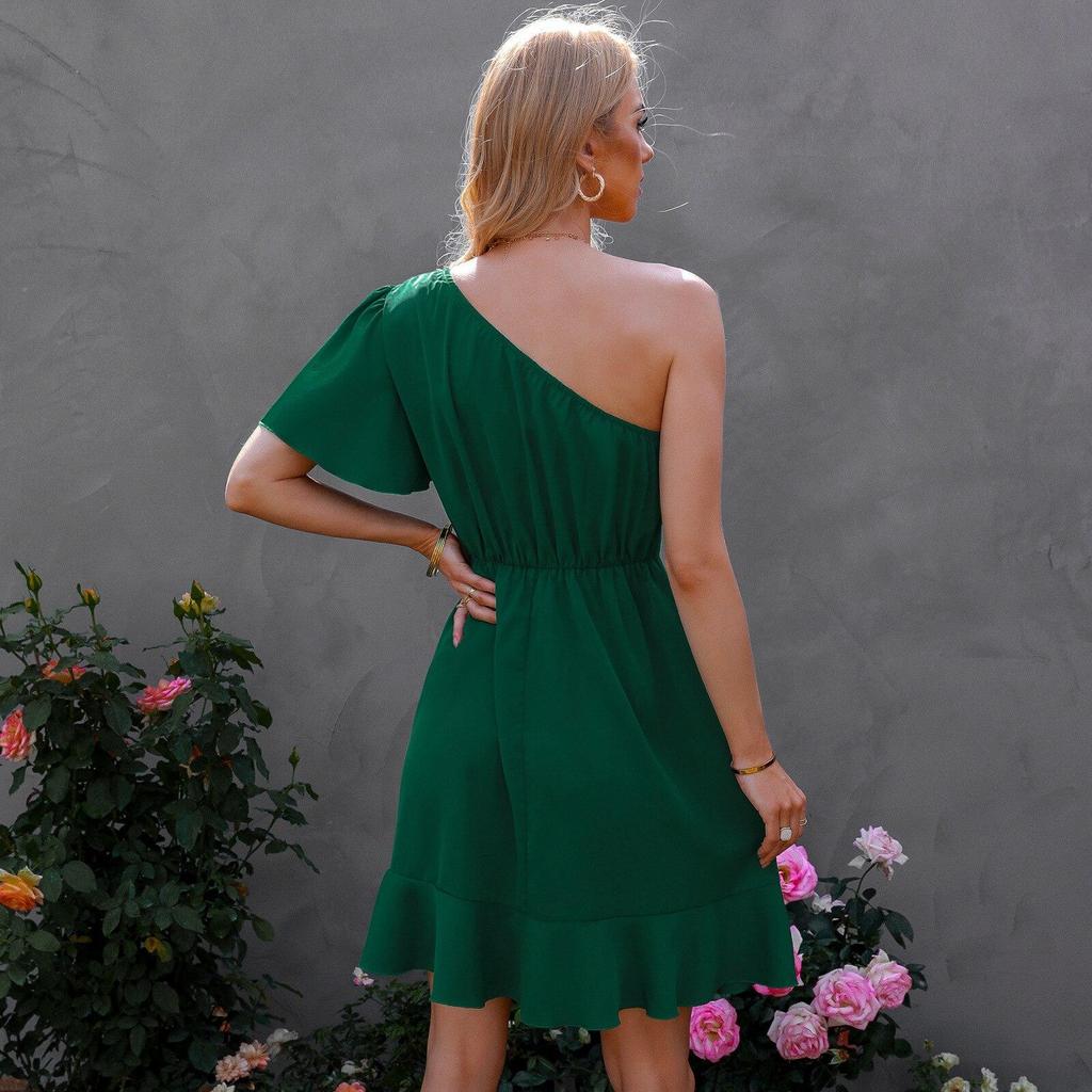 Woman Bodycon Lotus Dress Summer Fashion Short Sleeve One Shoulder Party Mini Dresses Casual Female Boho Beach Dress