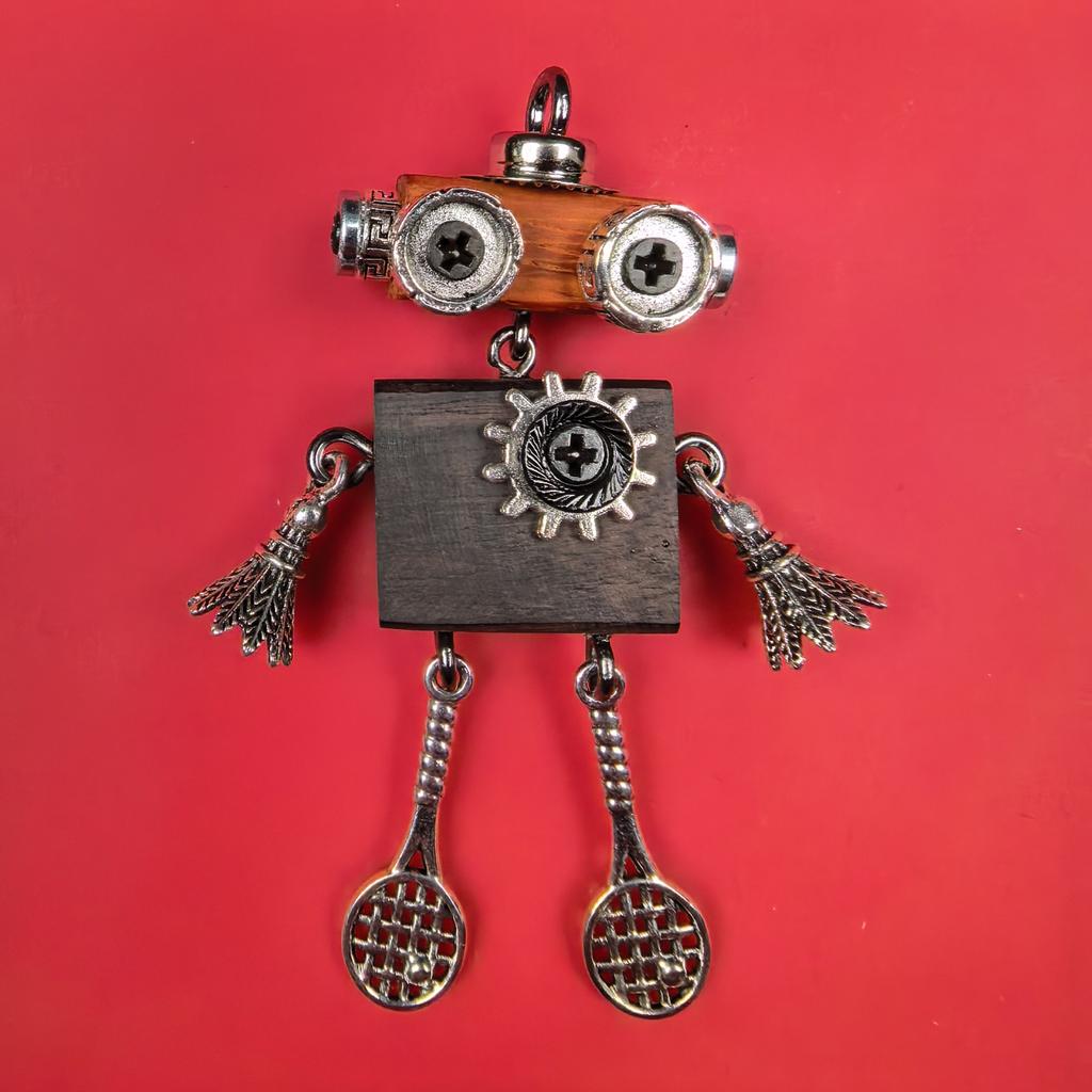 Handmade Punk Robot Pendant Wood Body Metal Eyes Legs Gun In Hand Necklace Keychain Pendant