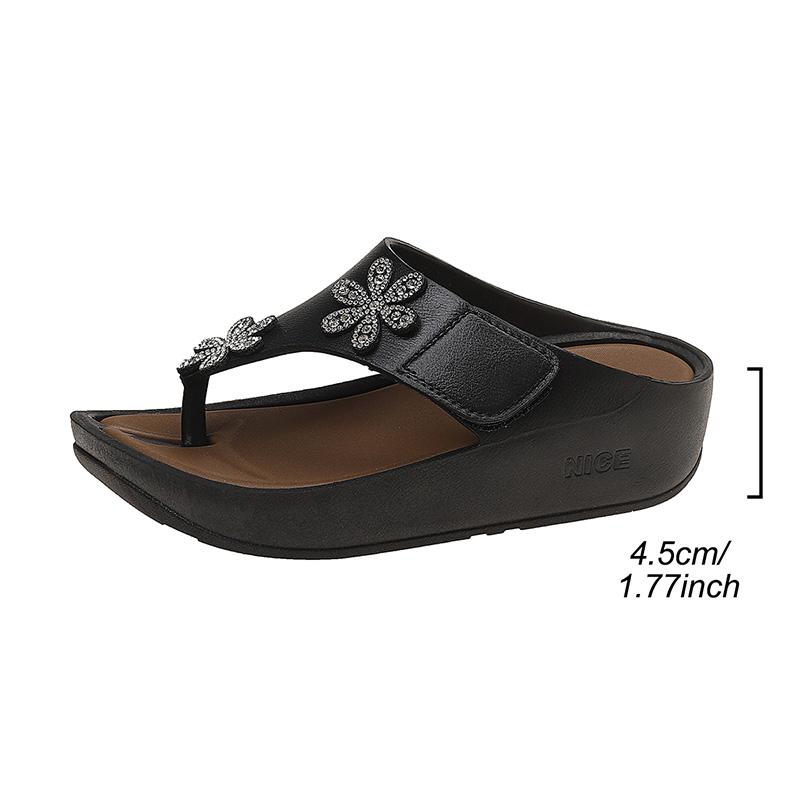 Fashion Flower Decor Wedges Sandals Women Shiny Crystal Thick Sole Non Slip Chunky Platform Slippers Plus Size Light Comfort Flip Flops