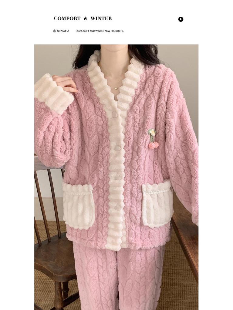 Winterpyjama aus Korallenfleece für Damen: Dickes, warmes Flanell-Loungewear-Set im süßen Stil