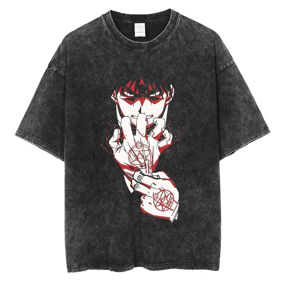 Anime Hellsing Alucard Graphic Washed T Shirt Men Vintage Manga T-shirts Street Cotton Tshirt Harajuku Male Casual Tops
