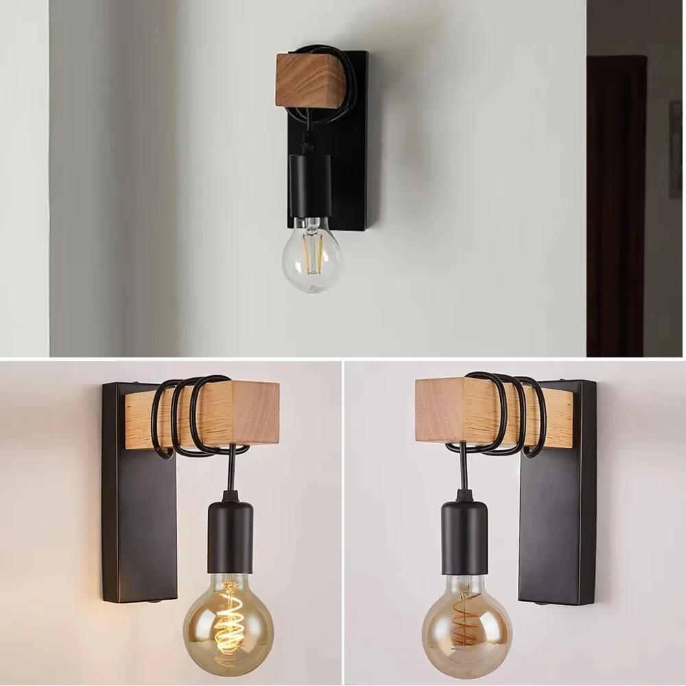 Retro Wood LED Wall Lamp E27 220V 110V Industrial Night Loft Light Fixtures Live Room Bedside Lamp Decor for Bathroom Restaurant