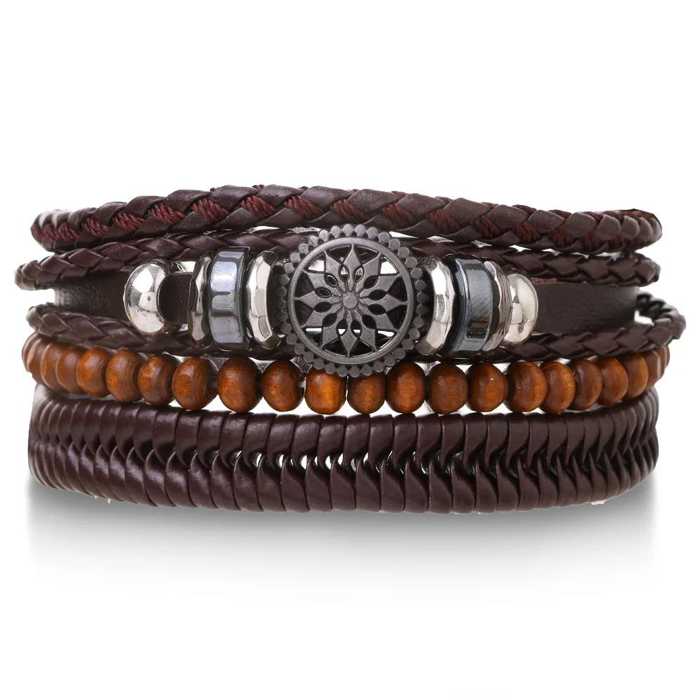 Braided Leather Bracelets for Men Vintage Life Tree Charm Wood Beads Ethnic Tribal Wristband Rope Bracelet Set