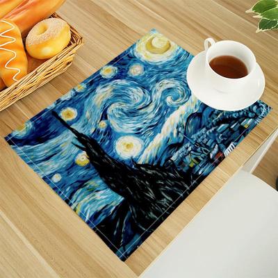 Van Gogh The Starry Night Print Linen Dining Table Mats Alphabet Kitchen Placemat 30X45cm Coasters Pads Bowl Cup Mat