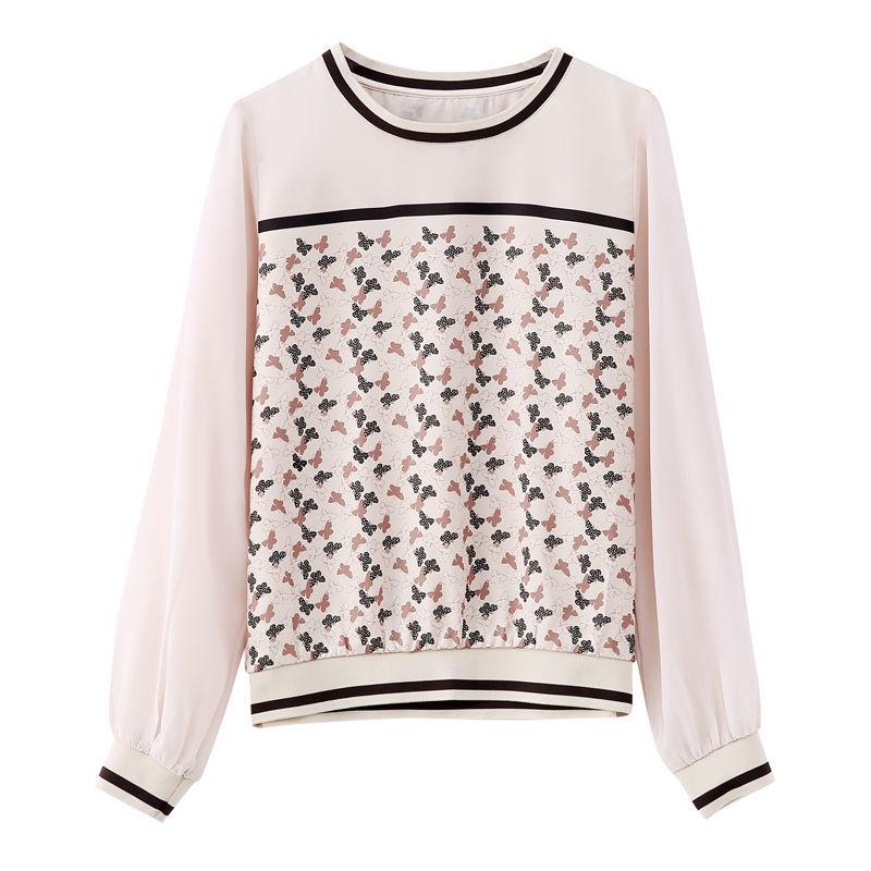 Vintage Butterfly Printed Spliced T-shirt Spring Autumn Long Sleeve Commute Female Clothing Round Neck Korean Loose Pullovers
