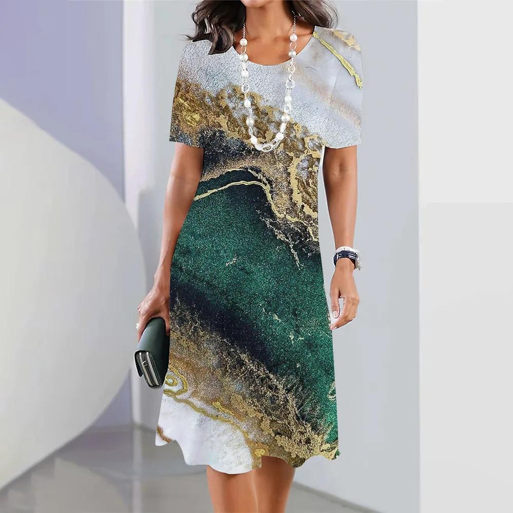 Fashion Women's Clothes Striped Printed Dress Women's Elegant and Cute Party Dress Summer Short-sleeved Pullover Color Impact Dress