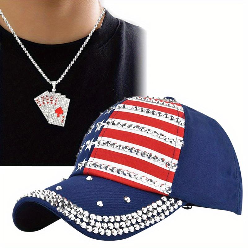 

Комплект из 2 мужских бейсболок, ожерелье, повседневная мода, полное бриллиантовое ожерелье с игральными картами, кулон для пар, солнцезащитный козырек от солнца темно-синий