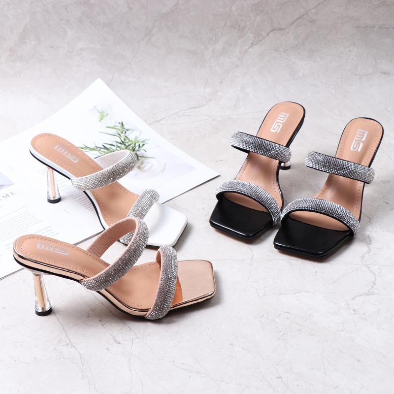 Fashion Shoes Slippers Soft Women Heels Glitter Slides Fashion Low Beige Heeled Sandals Pantofle Comfort High Jelly Summer Luxury Black