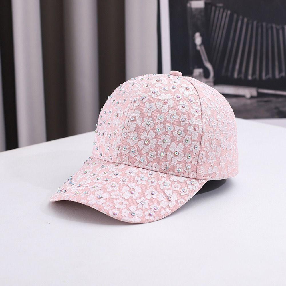 Oddychająca Czapka Baseballowa z Kwiatami Dekoracja Strass Elegancka Czapka Outdoorowa Kapelusz Przeciwsłoneczny Letnia Odzież