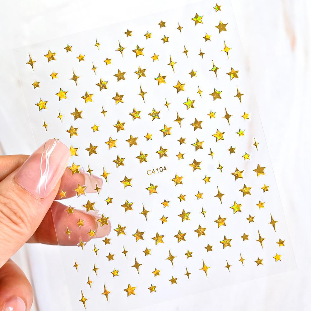 Black White Star 3D Nail Art Sticker Y2K Pentagram Self-Adhesive Decals Laser Shiny Glitters Starlight Manicure Ornaments Slider