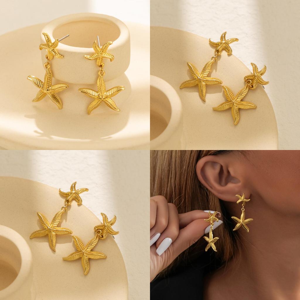 Elegant Starfish Gold Earrings Fashionable Alloy Star Shape Womens Accessories For Autumn