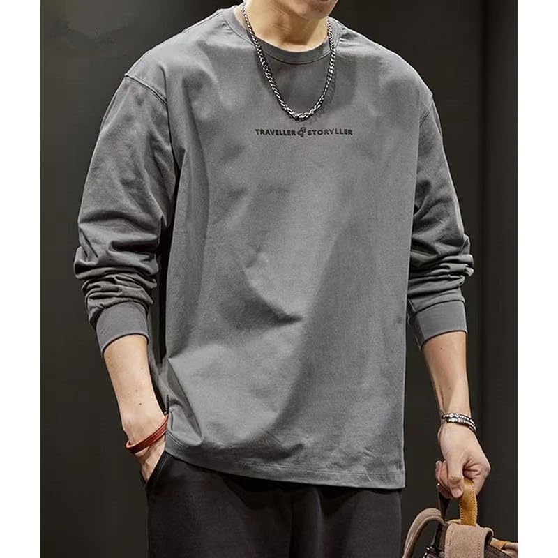 [EASTEMPO] t-shirt men's spring long sleeve Fashionable cotton Plain color casual Relaxing big size (JP, alphabet, M, gray)