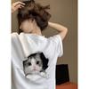 2024 New Fashion Pure Cotton Short Sleeve Cute Cat Print T-shirt Women Design Casual High Street American Retro Plus Size Top