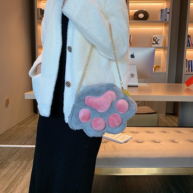 Plush Cat Paw Mini Crossbody Bag With Zipper Closure For Daily Casual Use