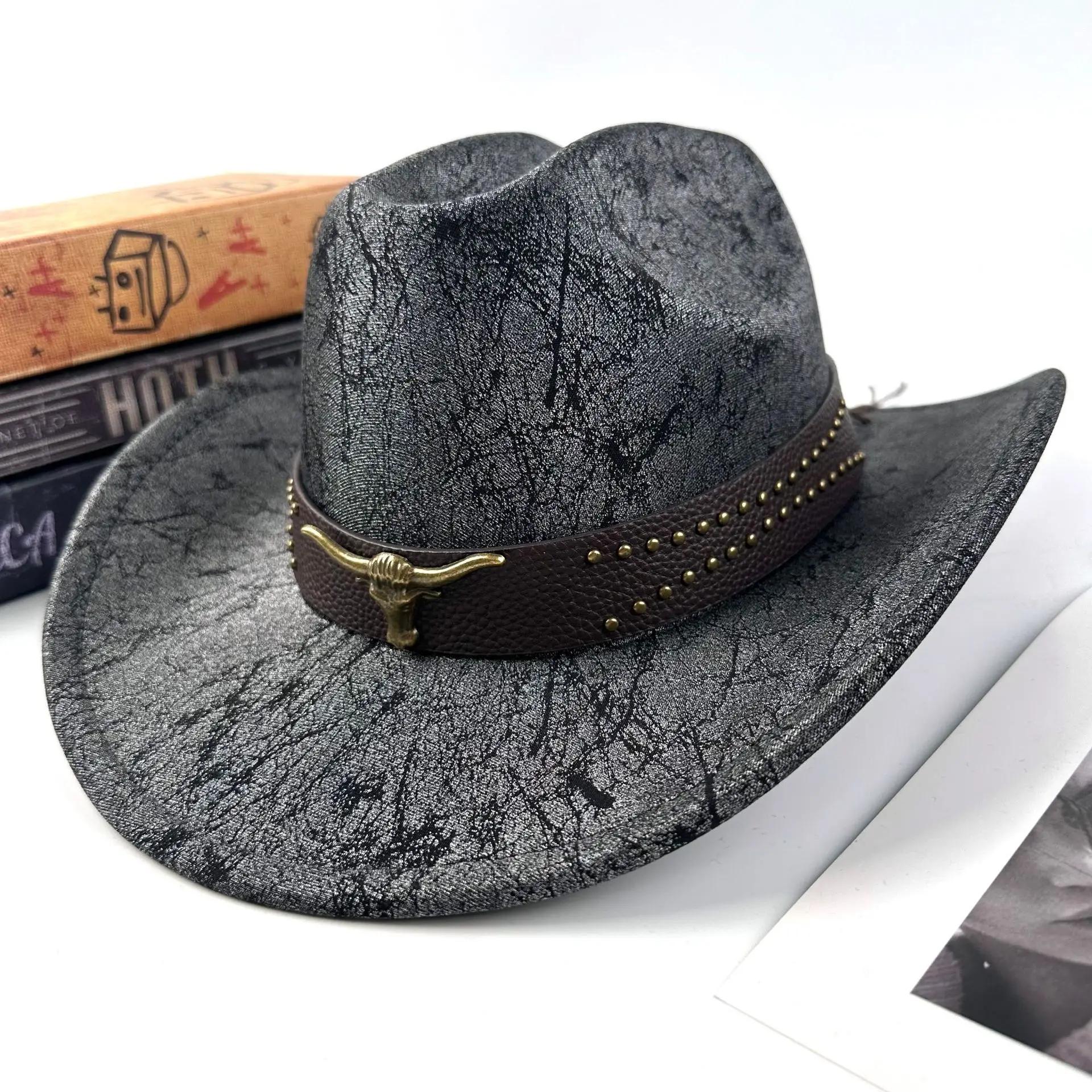 

Distressed Leather Cowboy Hat - Vintage Western Fedora with Ethnic Style, Unisex Boho Chic Hat 56-58cm чорний