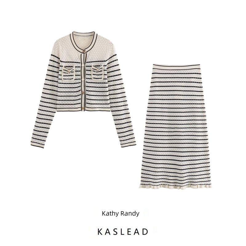 Kaslead New Arrival Women's Clothing Fashion Style Striped Short Style Hair Knitwear Tops Skirt Suit
