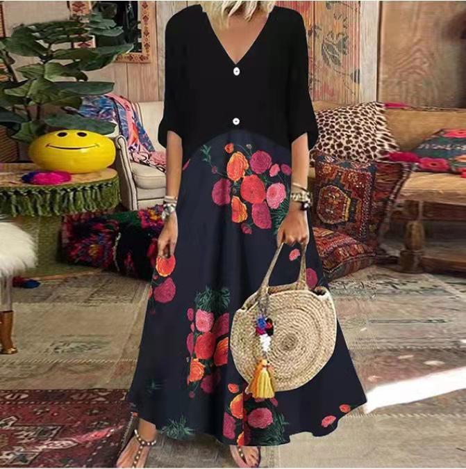V-neck Short-Sleeve Printed Long Button-Up Casual Dress