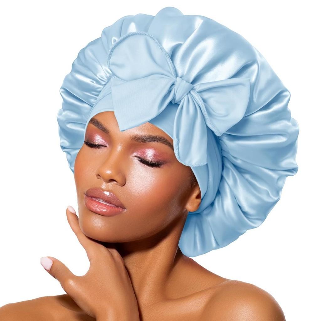 Bonnet de Nuit en Satin pour Femmes avec Nœud Papillon Lien Réglable Soin des Cheveux Bonnet de Nuit Doux en Soie