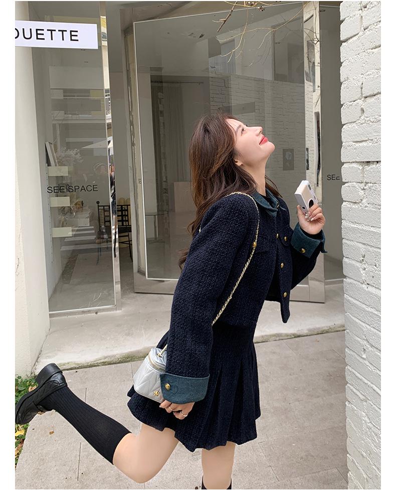 Women's Autumn Denim Patchwork Set: Black Jacket & Midi Skirt Two-Piece Set