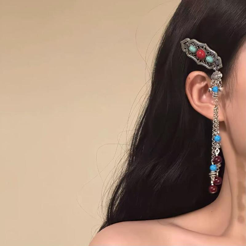 

Vintage Turquoise Tassel Hair Clip Elegant Pearl Ethnic Style Hairpin Side Clip Headdress Chinese Style Hair Accessories