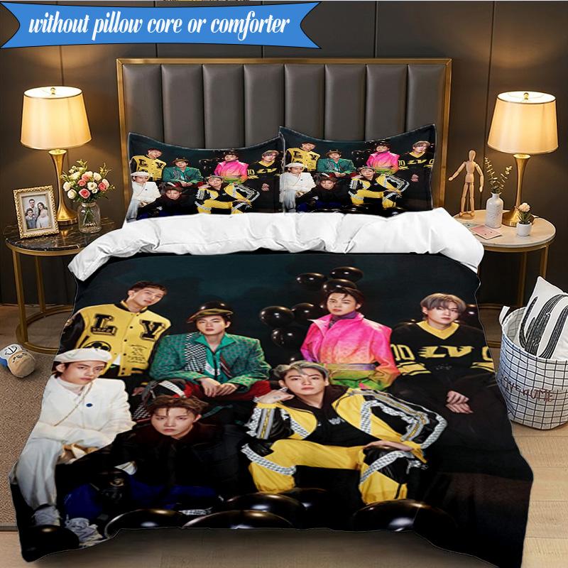 Ensemble de literie coloré K-pop Gathering 3 pièces, Groupe de musique K-pop, Idéal pour la chambre à coucher, le dortoir, Comprenant 1 housse de couette et 2 taies d'oreiller, Cadeaux pour fans