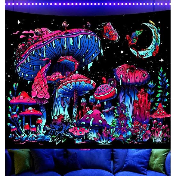 Onivein Blacklight Mushroom Tapestry Glow in the Dark Fantasy Plant Tapestry UV Reactive Moon Butterfly Frog Tapestries Poster Wall Hanging for