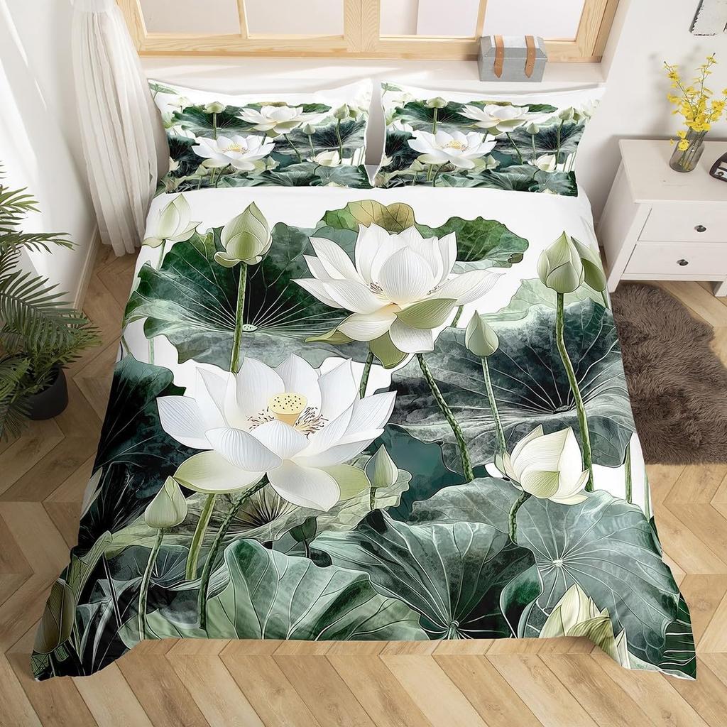 Lotus Duvet Cover, Water Lily Bedding Set, Lotus Leaf Quilt Cover, Summer Theme Print Comforter Cover For Girl Women Twin King
