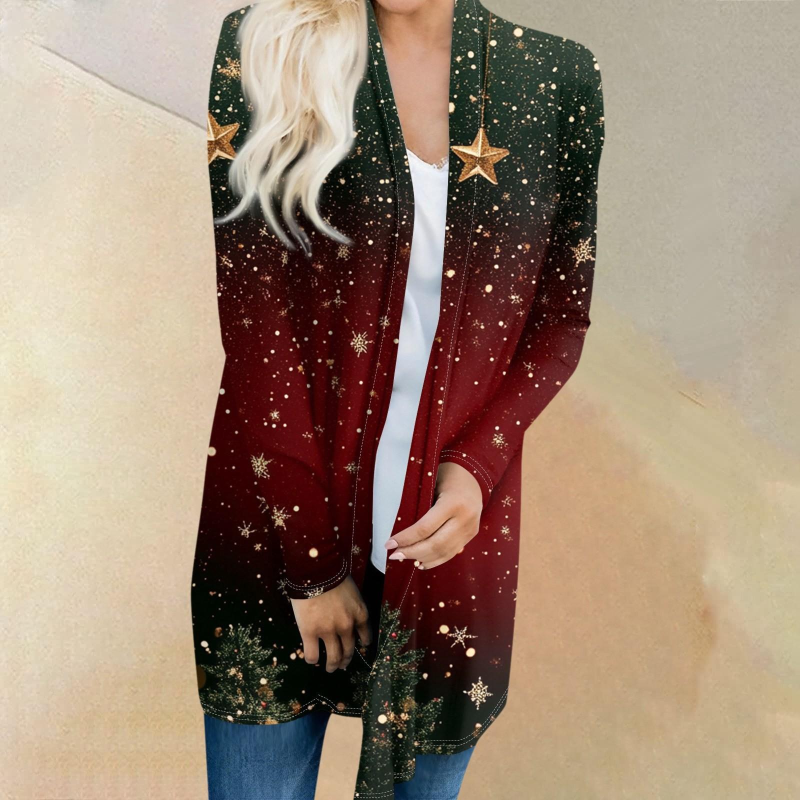 

Женский модный и повседневный рождественский принтованный кардиган средней длины с длинными рукавами S винный