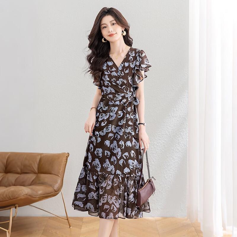 Women s Elegant V-Neck Ruffled Floral A-Line Dress L