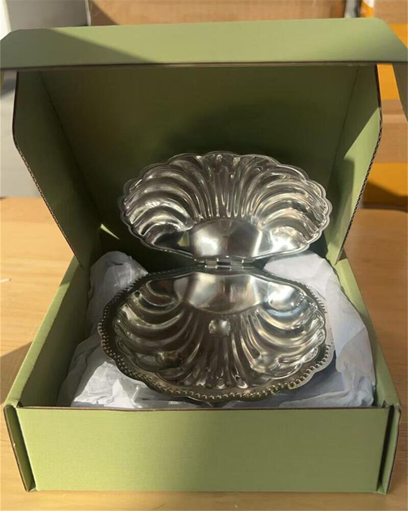 Luxurious French Retro 304 Stainless Steel Food Dish Plate Shell Box Jewelry Peal Storage Bag