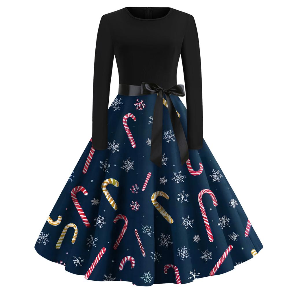 Women's Fashion Casual Round Neck Christmas Print Long Sleeve Dress