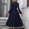 Women Spring Fall Dress V Neck Slim Waist Long Bubble Sleeves A-line Pleated MId-calf Length Flowy Dress Prom Party Dating Midi Dress