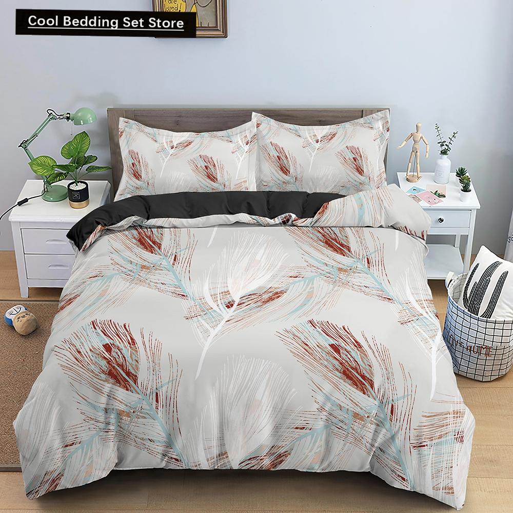 Feathers Duvet Cover Queen/King Size Boho Colorful Bird Feather Bedding Set Tropical Leaves 2/3pcs Polyester Comforter Cover