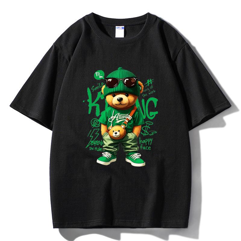 

MINISO 2026 Summer Men Women Cool Streetwear Teddy Bear Print Oversized T-shirt Casual Cotton Tee XS чёрный